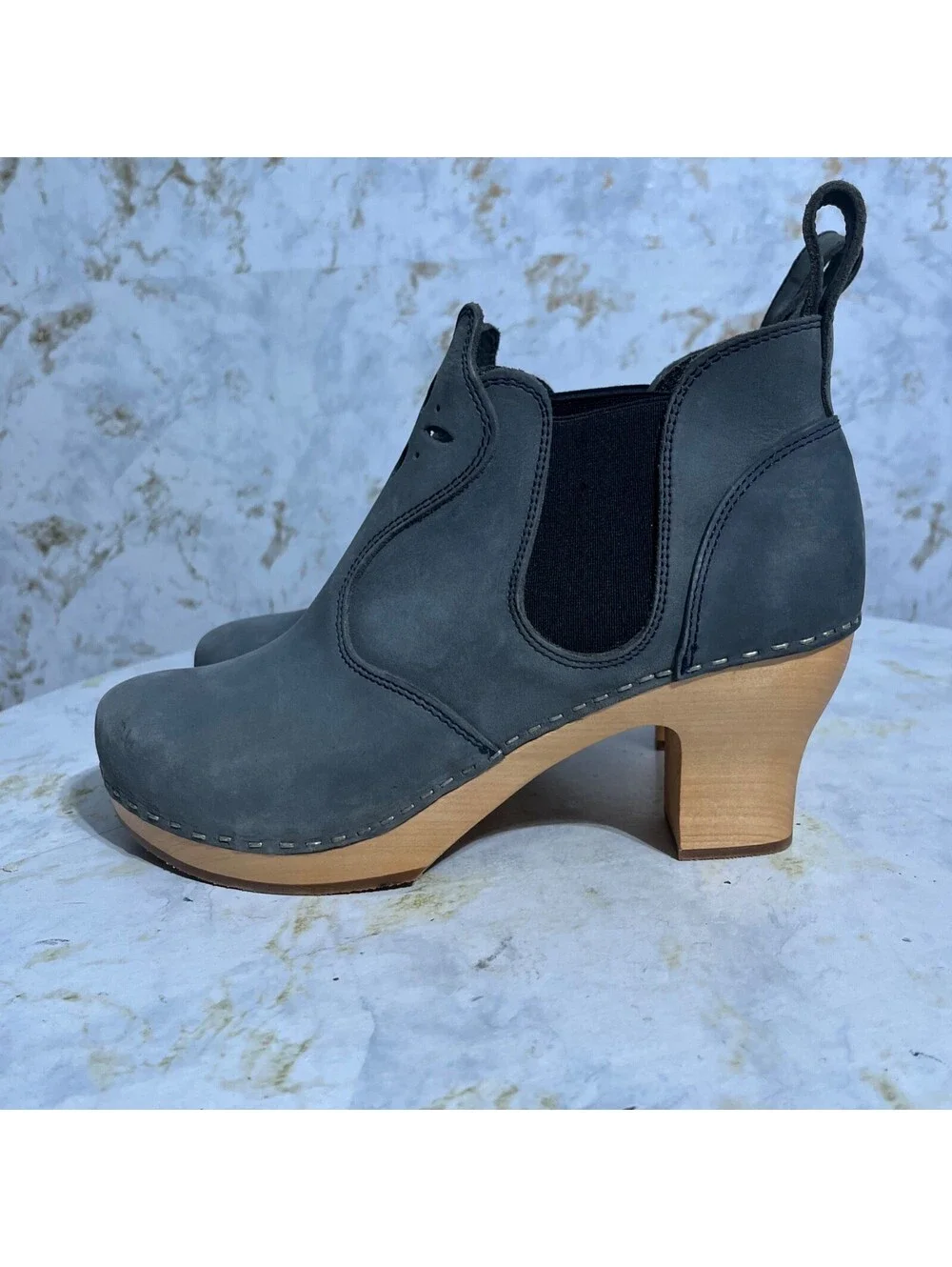 Swedish Hasbeens 40 Womens Size 10 Shoes Blue Leather Wooden Chelsea Ankle Boots